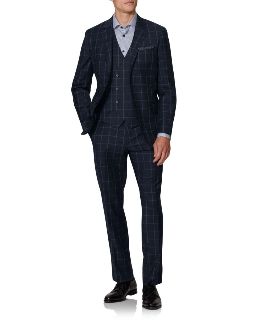 Chaleco Adelphi: Elegancia Azul Marino, Cuadros Sutiles, Corte Slim Fit, Impecable Estilo Clásico.
