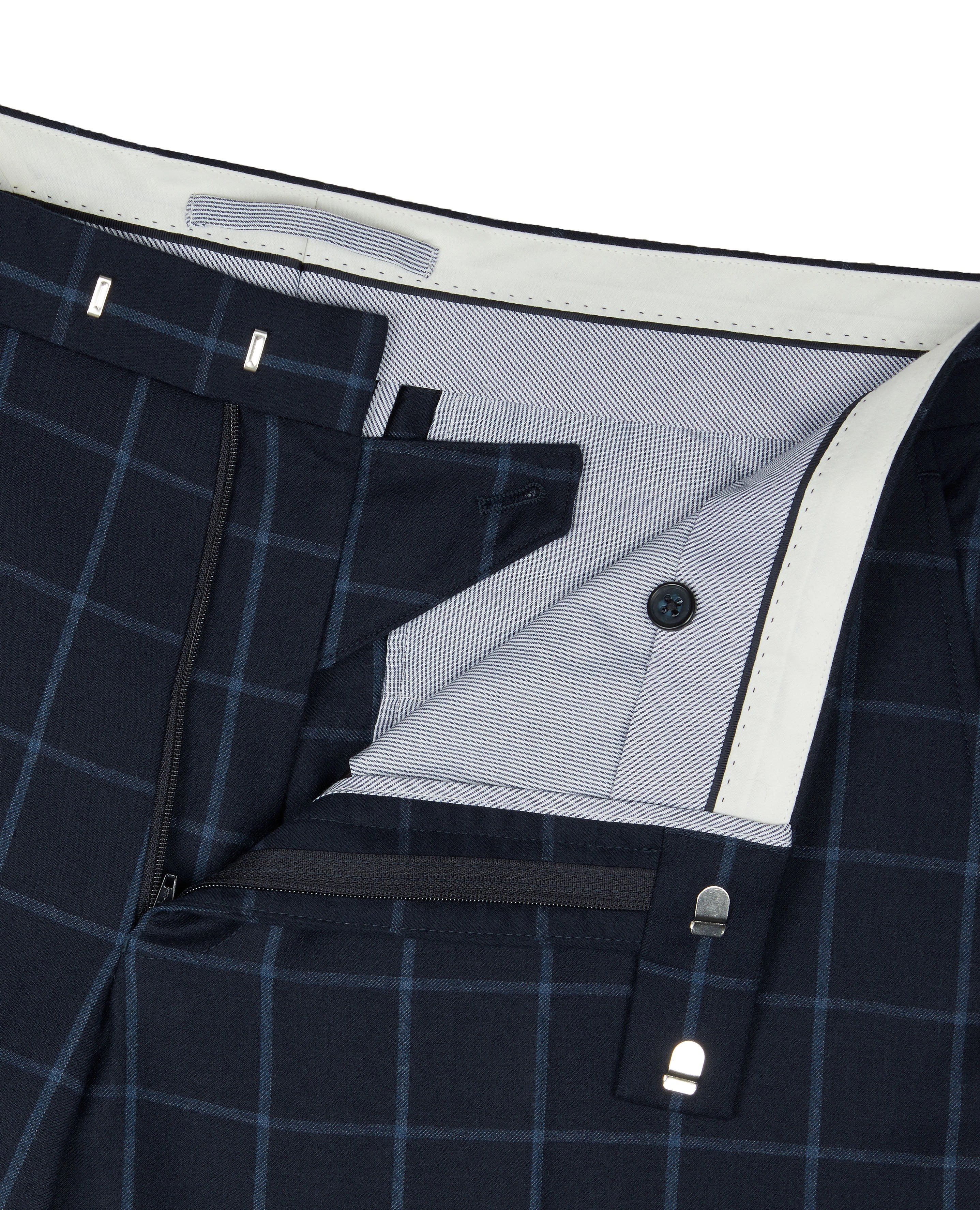 Elegante pantalón de traje Adelphi Navy: Cuadro ventana italiano, lujo sutil, corte slim, impecable.